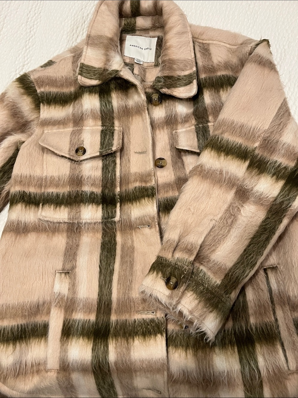 American Eagle Outfitters Beige & Olive Plaid Faux Fur “SHACKET” Jacket M